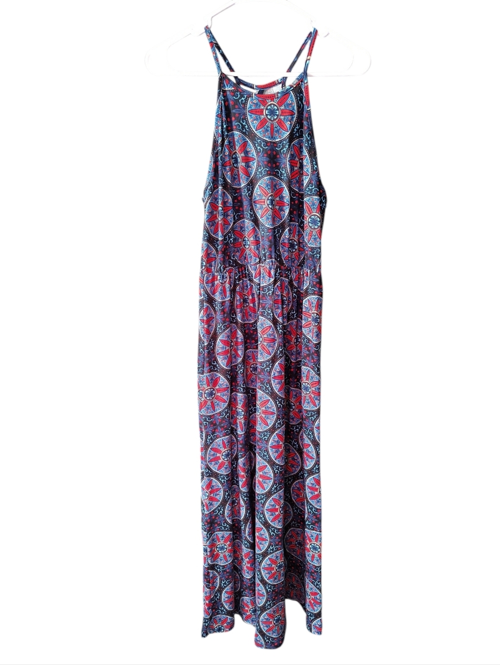 French Grey Sleeveless Navy & Red Medallion Knit Maxi Dress - Picture 2 of 6